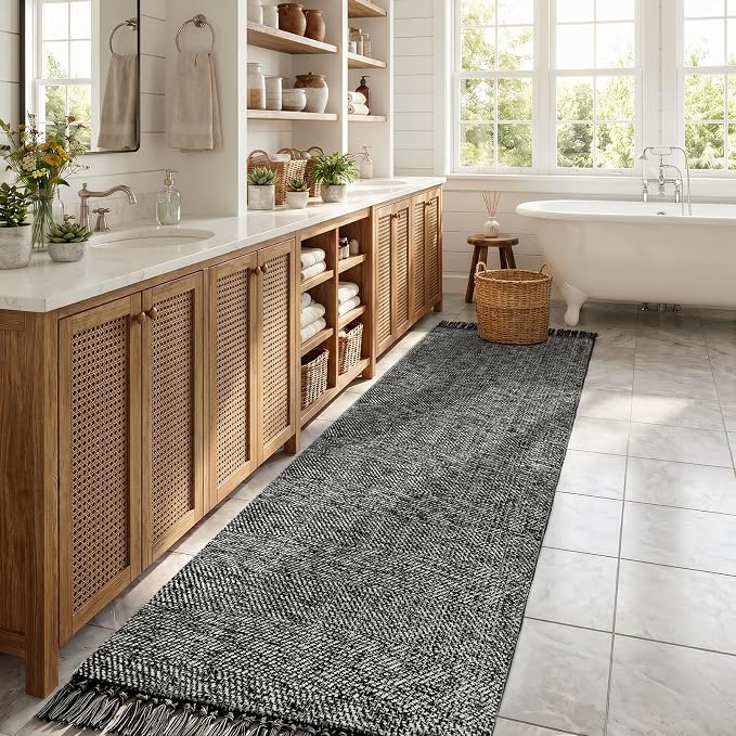 Collive Rug Runners for Hallways, Boho Washable Kitchen Runner Rugs 2.6' x 10' Farmhouse Indoor Entry Hall Carpet, Black Modern Hand Woven Bathroom Runner Carpet for Bedroom Entrance Porch Decor