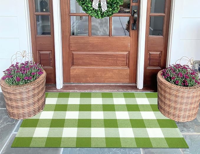 Green and White Outdoor Rug 27.5''X 43.3'' Buffalo Checked Porch Rug Cotton Woven Washable Layering Door Mat for Welcome Door Mat Porch Entryway Bedroom Living Room