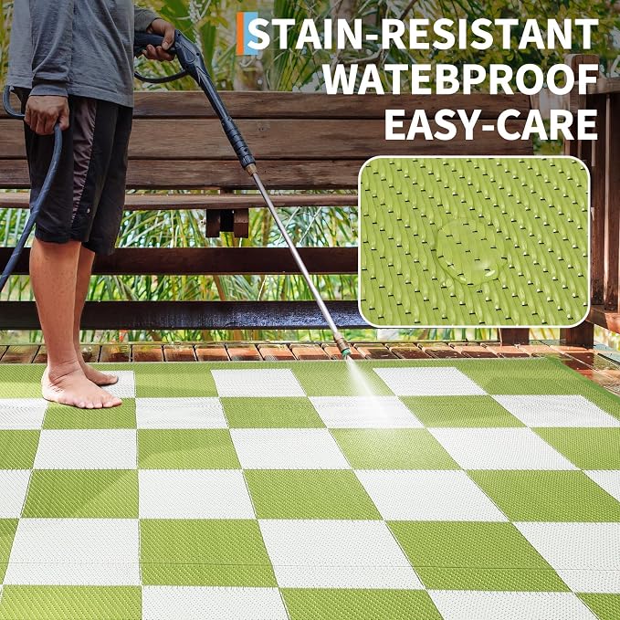 GarveeHome Outdoor Rug 8 x 10 Waterproof Checkboard Woven Carpet, Large Reversible Plastic Straw Rug, Foldable Modern Geometric Plaid Outside Camping Rug for Picnic, Backyard, Deck, Green White