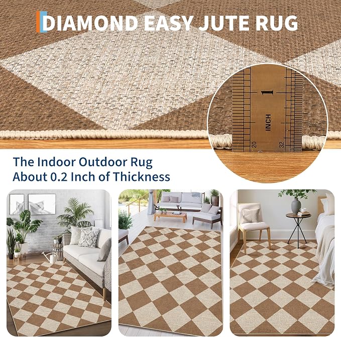 GarveeHome Easy Jute 8x10 Area Rugs for Living Room Checkered Rugs Machine Washable Non-Slip Backing Indoor Outdoor Carpets for Farmhouse Dining Room Nursery Patio Brown
