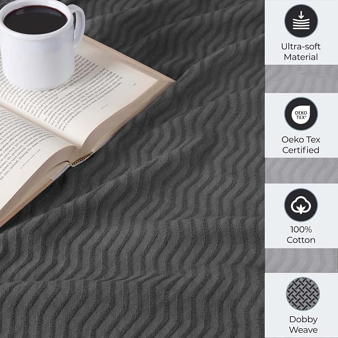 Superior JENA Cotton Blanket, for Picnic, Beach, Traveling or Camping, Bedroom Decor, Essentials, Cover for Bed, Couch, Lounging, Textured Jacquard, Modern Chevron Woven Blanket, Twin, Charcoal