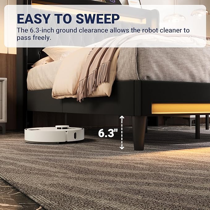 Allewie Queen Size Upholstered Bed Frame with LED & Charging Station, Black | Customizable LED lights, charging station, tufted wingback headboard, noise-reducing support, and no box spring needed.