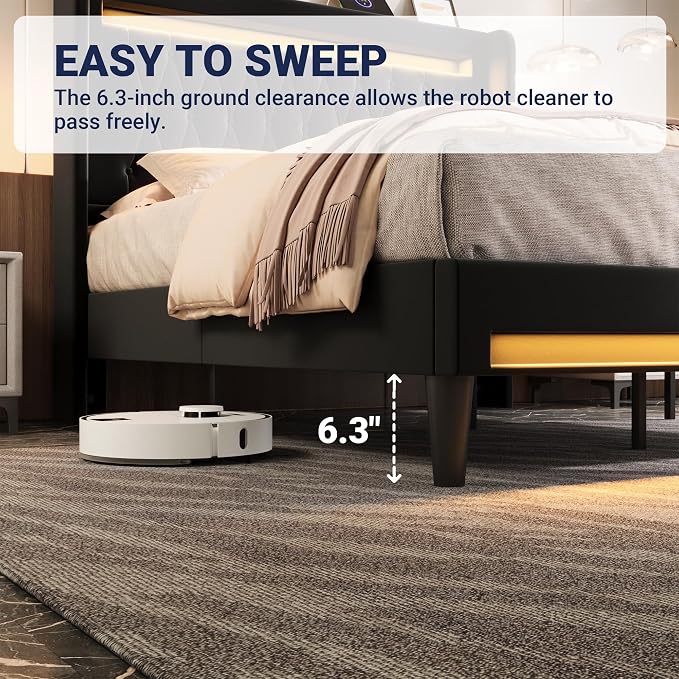 Allewie Full Size Upholstered Bed Frame with LED & Charging Station, Black | Customizable LED lights, charging station, tufted wingback headboard, noise-reducing support, and no box spring needed.