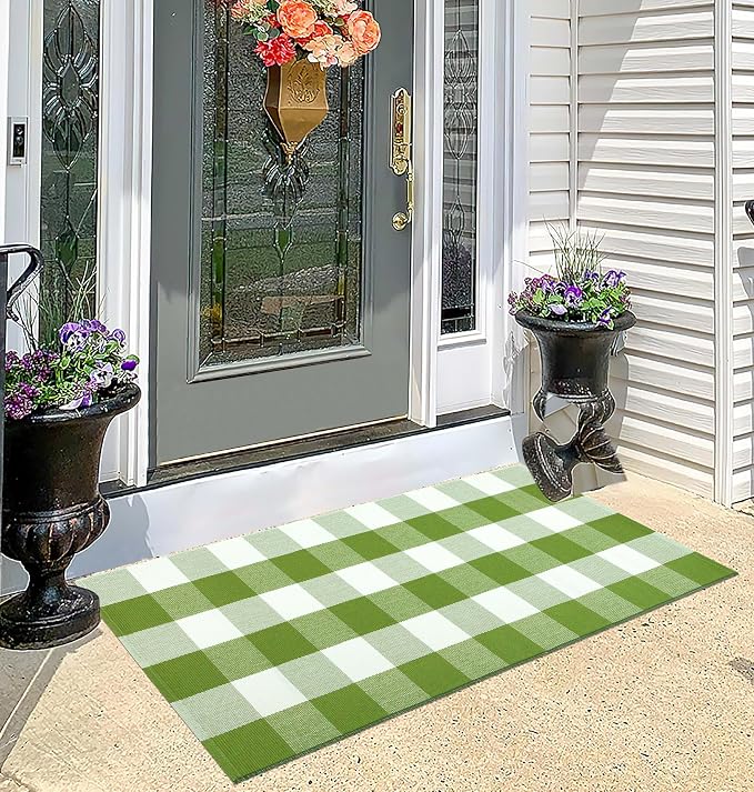 Buffalo Plaid Outdoor Rug 24''x51''Green and White Checkered Front Porch Rug Cotton Woven Washable Door Mat Outdoor for Layered Hello Welcome Door Mat Farmhouse Entryway