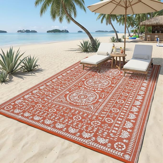 Garvee Reversible Outdoor Rug 6x9 for Patio, Waterproof Outdoor Area Rug, Modern Medallion Indoor Outdoor Rugs, Plastic Straw Rug for RV, Camping, Deck, Vintage Terracotta