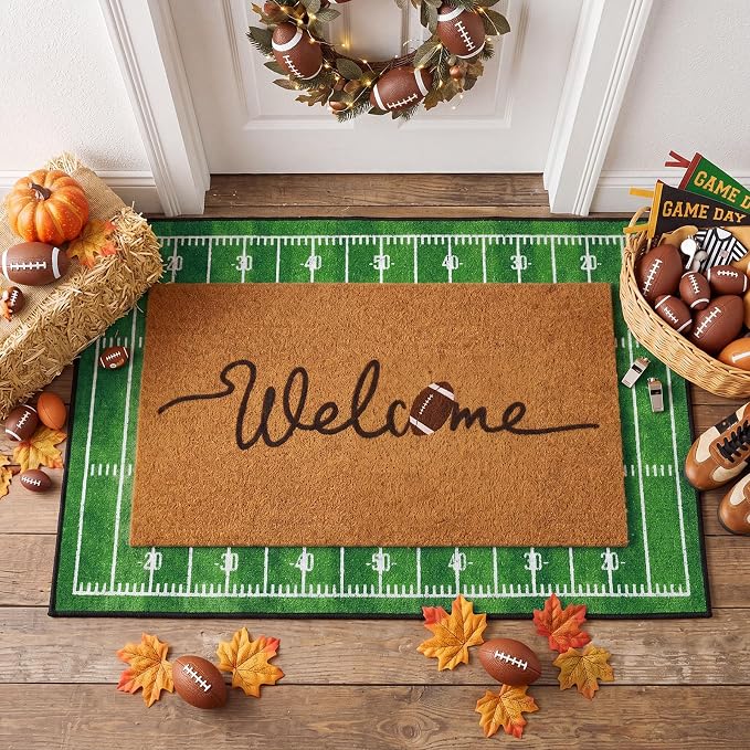 Moucuny 2 Pcs Football Doormat Outdoor, Welcome Coir Football Mat 16 x 28, Layered Green Decor Field Rugs 24 x 35, Non-Slip Sports Front Door Porch Entryway Decor for Man Cave, Game Day, Home Gym