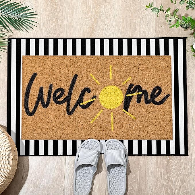 Tinideya 2 Pcs Door Mat Welcome Non Slip Coir Mats Floor Layering Doormats Seasonal for Front Porch Entryway Decor(Golden Sun)
