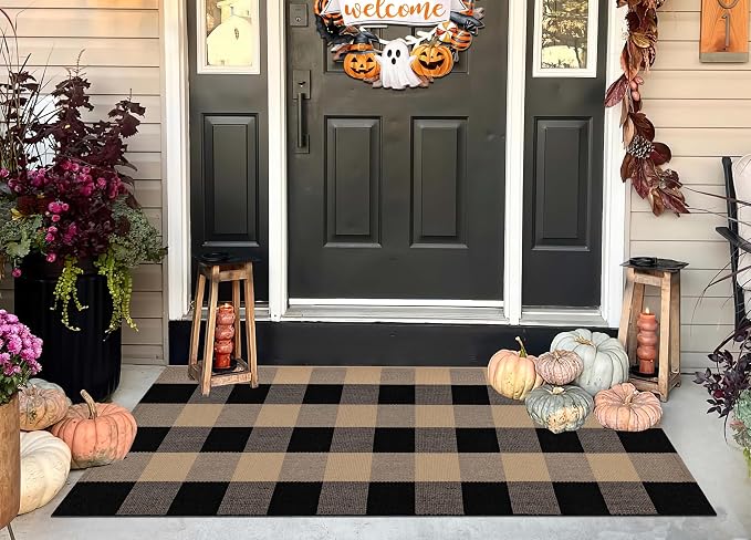 Front Porch Rug 24''x51'' Black and Tan Checkered Outdoor Rug Cotton Washable Front Door Mat Outdoor for Layered Doormat,Bedroom,Farmhouse,Entryway,Patio