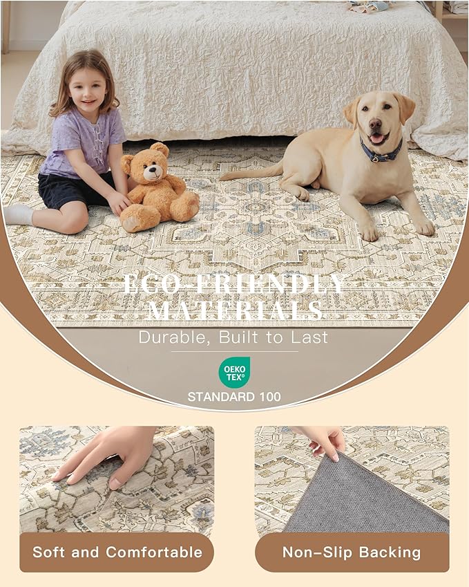 Madane Washable Rug 8x10 Area Rugs for Living Room, Ultra-Thin Non-Slip Backing Rug, Stain Resistant Vintage Large Area Rug for Bedroom (Beige/Blue, 8'x10')