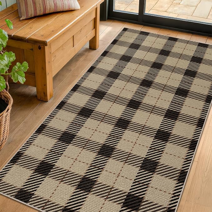 JTJ Easy Jute Kitchen Runner Rug 3x6, Washable Indoor Outdoor Farmhouse Plaid Runner, Non Slip Entryway Rug for Laundry Room, Hallway and Front Porch