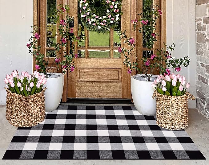 3'x 5' Outdoor Rug,Black and White Porch Rug Cotton Woven Washable Layered Doormat for Welcome Door Mat Porch Entryway Bedroom Living Room