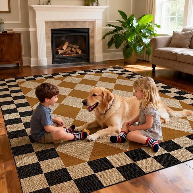 Washable Checkered Easy Jute Rug 8x10, Brown Black Checkerboard Geometric Modern Outdoor Indoor Patio Large Rug, Woven Thin Carpet Mat for Living Dining Play Room Bedroom Classroom Backyard