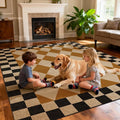 Washable Checkered Easy Jute Rug 8x10, Brown Black Checkerboard Geometric Modern Outdoor Indoor Patio Large Rug, Woven Thin Carpet Mat for Living Dining Play Room Bedroom Classroom Backyard