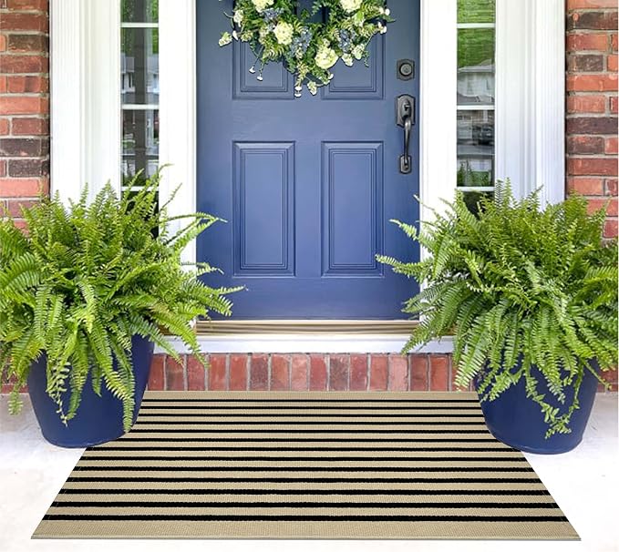 Front Door Mat Outdoor 24"x35", Tan and Black Layered Doormat Cotton Woven Washable Striped Indoor Outdoor Area Rug for Entryway Porch Decor Home Entrance