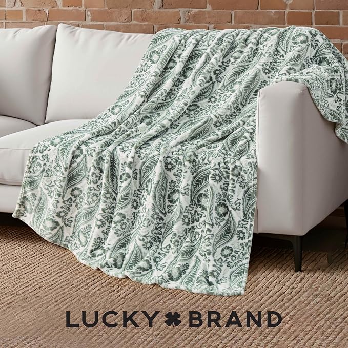 Lucky Brand 50" x 70" Plush Throw Blanket, Paisley Floral Sage Green Blanket for Sofa or Bed