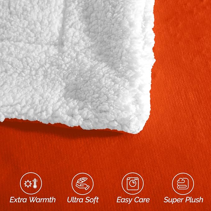Elegant Comfort Ultra Soft Reversible Flannel Sherpa Blanket - Cozy Silky Fleece Throw for Couch, Bed - Plush Fuzzy Warm Winter Blanket for Gift, Queen, Orange