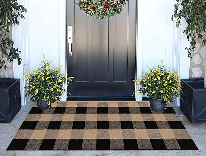 Front Porch Rug 24''x51'' Black and Tan Checkered Outdoor Rug Cotton Washable Front Door Mat Outdoor for Layered Doormat,Bedroom,Farmhouse,Entryway,Patio