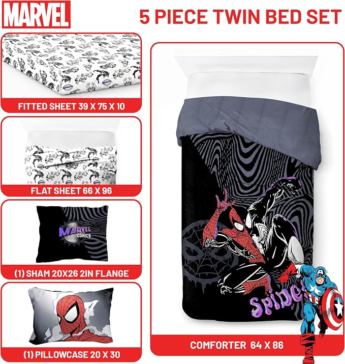 Marvel Comics Spiderman Twin Comforter Set 5 Piece Bedding for Boys, Black | Venom, Bed in a Bag, Comforter Sheets Sham Pillowcase, Official Product, Soft Microfiber, Machine Washable, Boys Gift