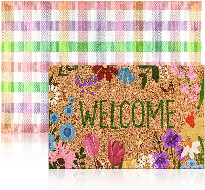 Moucuny 2 Pcs Farmhouse Coir Doormat Outdoor Flower Welcome Outdoor Rug Front Porch Mats Layered Colorful Plaid Rugs for Front Door Porch Entryway Decor