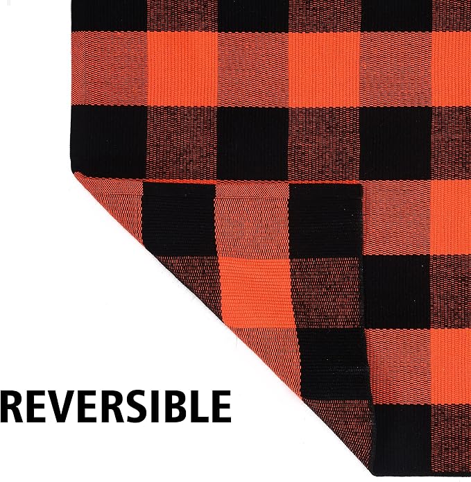 Ckorzen Fall Plaid Rug 28" x 43", Orange and Black Buffalo Check Front Porch Outdoor Layered Doormat, Cotton Hand-Woven Washable Rug for Halloween Thanksgiving Autumn Decor