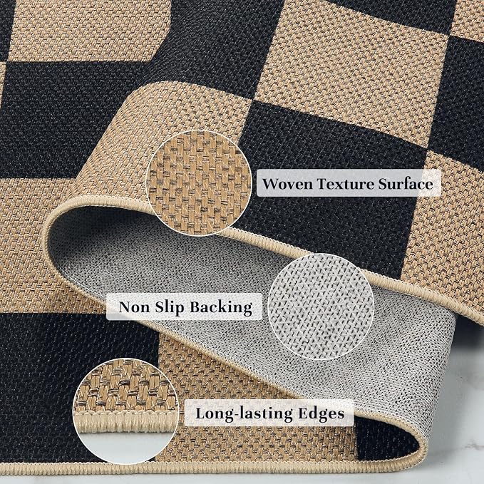 EDIMENS Checkered Easy Jute 5x7 Outdoor Rug Washable Living Room Area Rugs | Black Non Slip Outdoor Patio Rug Diamond Indoor Black Farmhouse Geometric Carpet for Backyard Front Porch Balcony