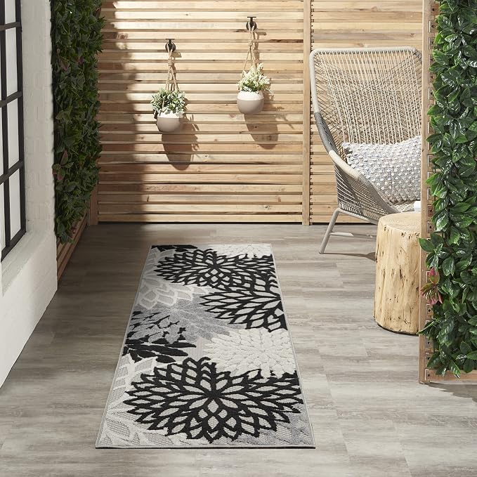 Nourison Home Aloha Indoor/Outdoor Black White 2'3'' x 8' Area-Rug, Tropical, Botanical, Easy-Cleaning, Non Shedding, Bed Room, Living Room, Dining Room, Deck, Backyard, Patio (2x8)