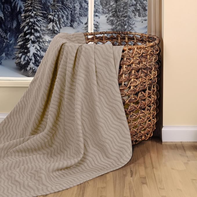 Superior JENA Cotton Blanket Picnic, Beach, Traveling or Camping, Bedroom Decor, Essentials, Cover for Bed, Couch, Lounging, Textured Jacquard, Modern Chevron Woven Blanket, California King, Khaki