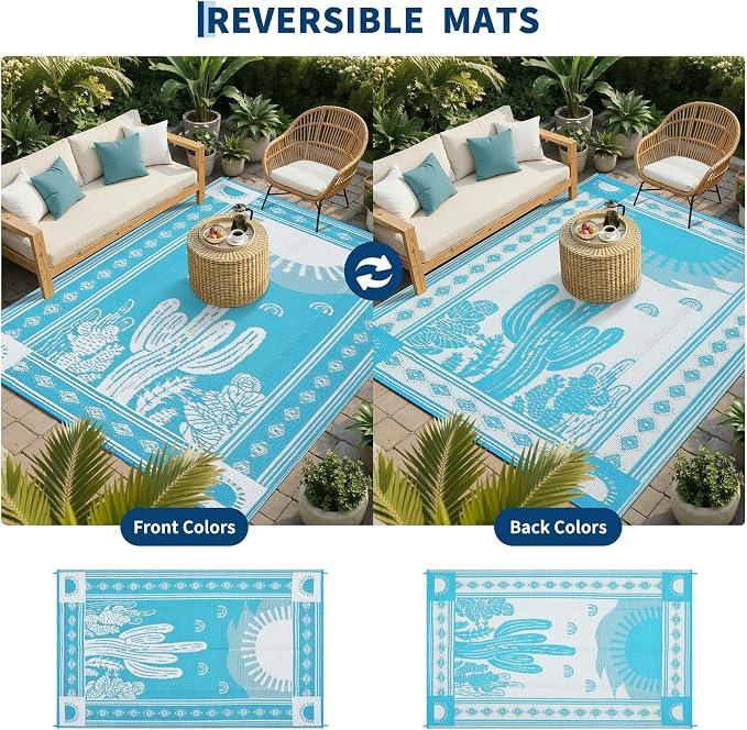 Garvee Waterproof Outdoor Rug 5x8, Cactus Botanical Outdoor Plastic Straw Rug for Camping, Reversible RV Mat Outside, Indoor Outdoor Carpet for Porch, Deck, Backyard, Balcony, Teal Blue
