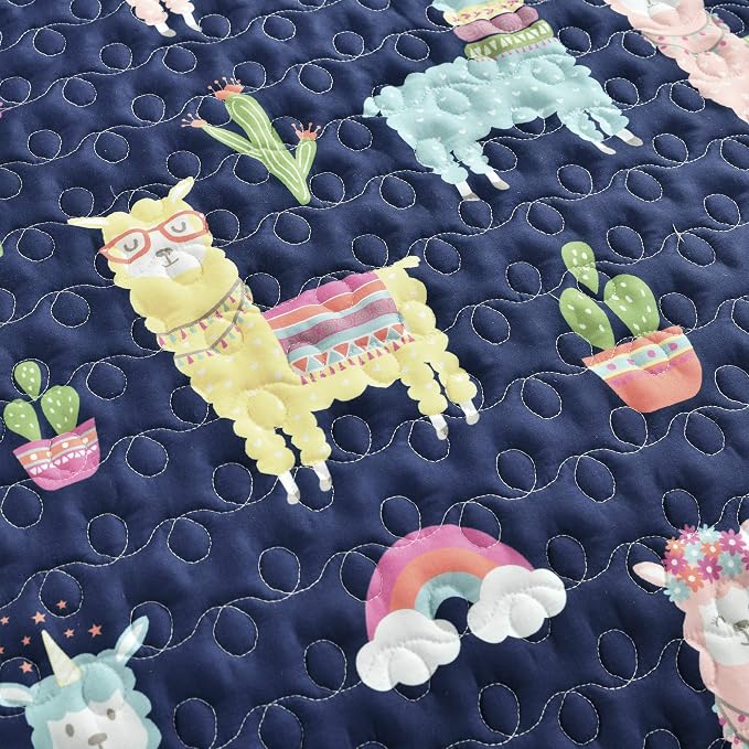 Lush Decor Southwest Llama Cactus Quilt, 3 Piece Set, Full/ Queen, Navy & Yellow - Cute Kids Reversible Boho Toddler Bedding Set