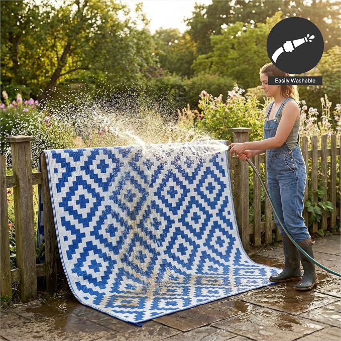FH Home Outdoor Camping Rug - Waterproof, Fade Resistant, Reversible - Premium Recycled Plastic - Geometric - Large Patio, Deck, Sunroom, RV - Aztec - Blue & White - 9 x 12 ft Foldable