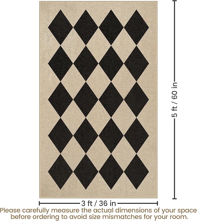 Washable Checkered Easy Jute Rug 3x5, Black Checkerboard Boho Geometric Outdoor Indoor Patio Small Rugs, Woven Non Slip Thin Neutral Carpet Door Mat for Bedroom Entryway Front Door Farmhouse