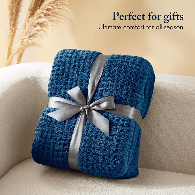 Madison Park Rowan Sherpa Throw Blanket Waffle Weave, 50 x 60, Navy Blue | Cozy Warmth for Sofa or Bed, Reversible, Lightweight, Farmhouse, OEKO-TEX Certified
