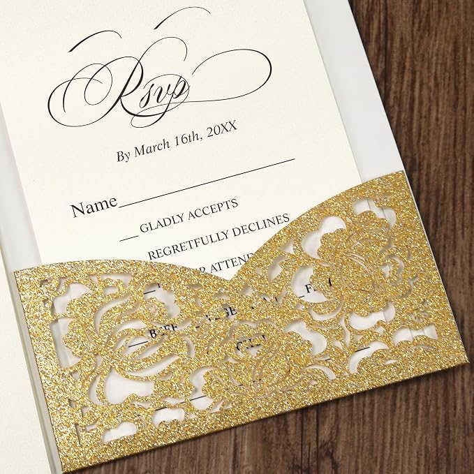 DORIS HOME Laser Cut Wedding Invitation Pockets, Gold Glitter, 5"x7" | 50pcs, With Envelopes, For Wedding & Anniversary, No Inserts Included