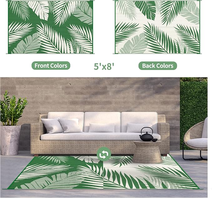 GENIMO Outdoor Rug, Waterproof Plastic Rugs for Patio, 5'x8' Dark Green | Outside Larger Leaf Carpet Mat for Porch Decor, Deck, Balcony, Camping, RV, Backyard, Picnic, Beach, Reversible, Foldable