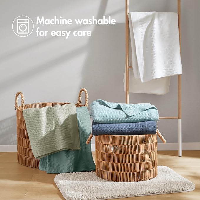 Madison Park 100% Egyptian Cotton Summer Blanket Full Queen Size Teal | Cozy Soft Breathable Durable, Waffle Weave Woven Casual, Lightweight Knit All Season Throw for Bed Couch or Sofa, OEKO TEX