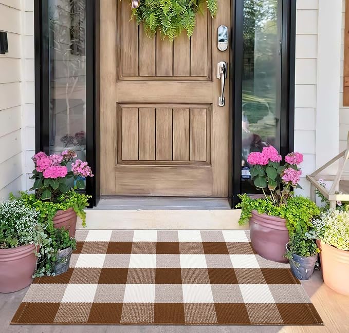 Front Door Mat Outdoor 24''x35''Buffalo Plaid Porch Mat Cotton Woven Machine Washable Carpet for Layered Doormat Hello/Welcome Door Mat,Kitchen,Farmhouse,Entryway
