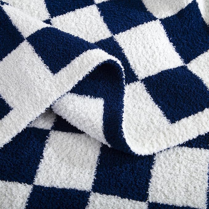 Elegant Comfort Checkered Throw Blanket, Navy Blue Super Soft Cozy Fluffy Warm Throw Blankets for Couch, Sofa, Chair, Bed, Camping, Picnic, Travel Lightweight Bed Blanket (50" x 70")