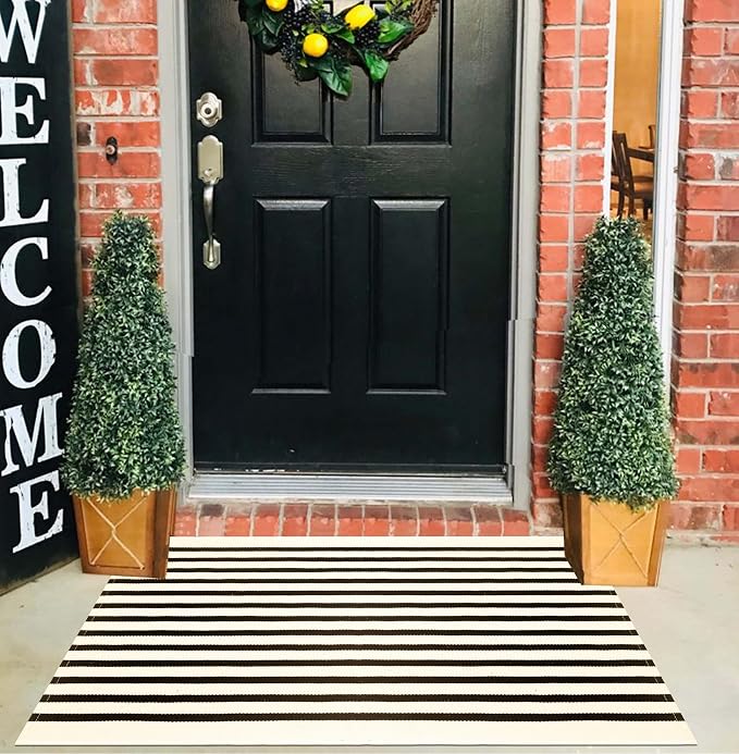 Black and Beige Layered Doormat,2x3 ft Striped Small Outdoor Porch Rug Cotton Woven Washable Farmhouse Layered Door Mats for Entryway/Porch Decor/Kitchen/Home Entrance