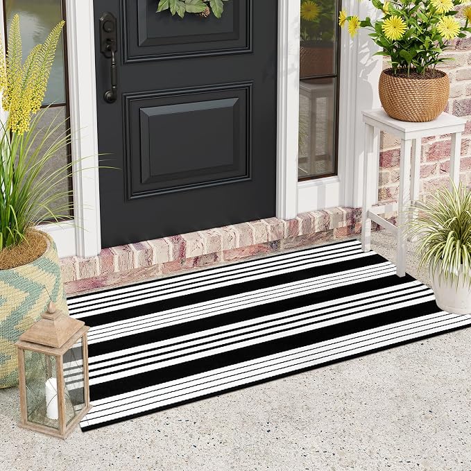 LEEVAN 2'X4.3' Black and White Striped Woven Cotton Reversible Outdoor Rug | Small Machine Washable Front Porch Rug, Entryway Door Mat, Indoor Layering Carpet for Farmhouse Bathroom Laundry
