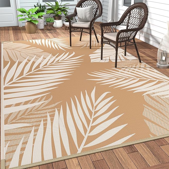 GENIMO Outdoor Rug, Waterproof Plastic Rugs 10'x14' for Camping Brown Beige | Outside Larger Leaf Carpet Mat for Porch Decor, Deck, Camping, RV, Backyard, Balcony, Picnic, Beach, Reversible, Foldable