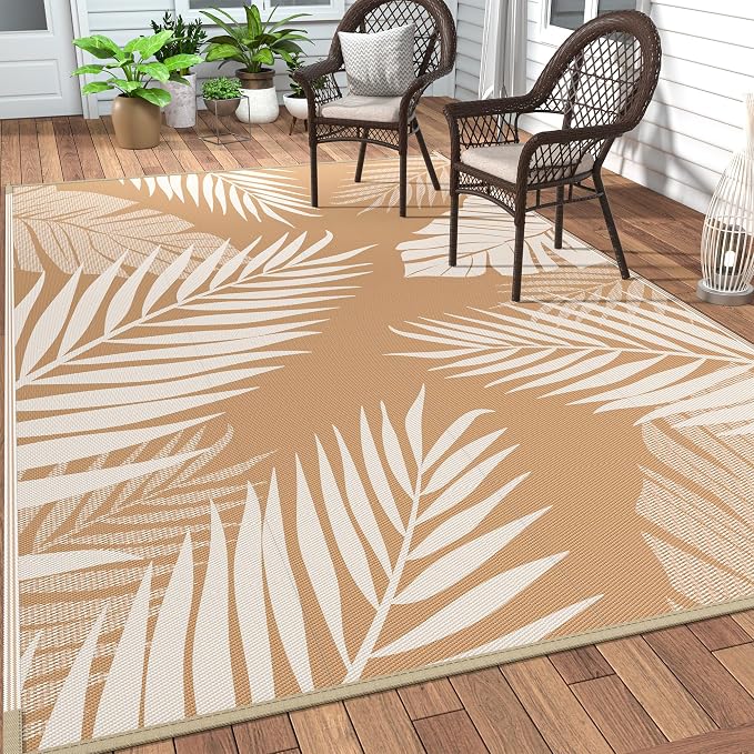GENIMO Outdoor Rug, Waterproof Plastic Rugs for Patio, 8'x10' Brown Beige | Outside Larger Leaf Carpet Mat for Porch Decor, Deck, Balcony, Camping, RV, Backyard, Picnic, Beach, Reversible, Foldable