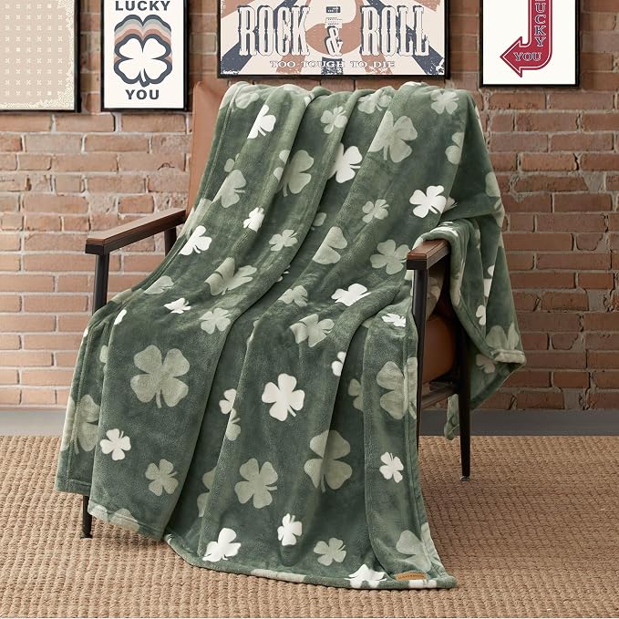 Lucky Brand 50" x 70" Plush Throw Blanket, Clover Toss Green Blanket for Sofa or Bed