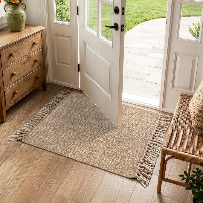 Collive Boho Bathroom Rug 2' x 3', Modern Farmhouse Rugs for Entryway Hand-Woven Washable Kitchen Mat, Tan Low Profile Front Door Mat Reversible Porch Carpet for Laundry Bedroom Decor