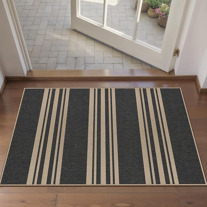 PureCozy Striped Easy Jute Rug 2x3 Black Entryway Carpet Washable Non Slip Door Mat Farmhouse Neutral Non Shedding Entry Small Indoor Outdoor Rug for Kitchen Bedroom Mudroom Bathroom