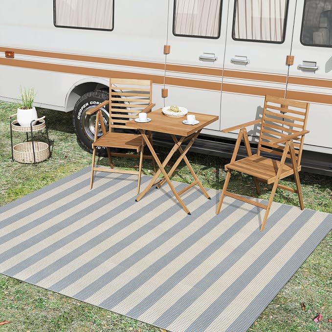 OJIA Striped Area Rug 5'x7' Outdoor Rug, Washable Patio Rugs Camping Rug | Farmhouse Cotton Woven Bedroom Rugs Indoor Outdoor Rugs Living Room Carpet for Dining Room Deck Backyard Camping Blue/White