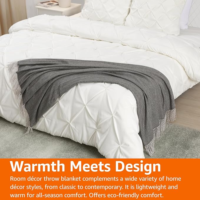 Amazon Basics Cozy Room Décor Throw Blanket, Lightweight, Recycled Polyester, Machine Washable, 50"x 60", Dark Gray and Light Gray Herringbone
