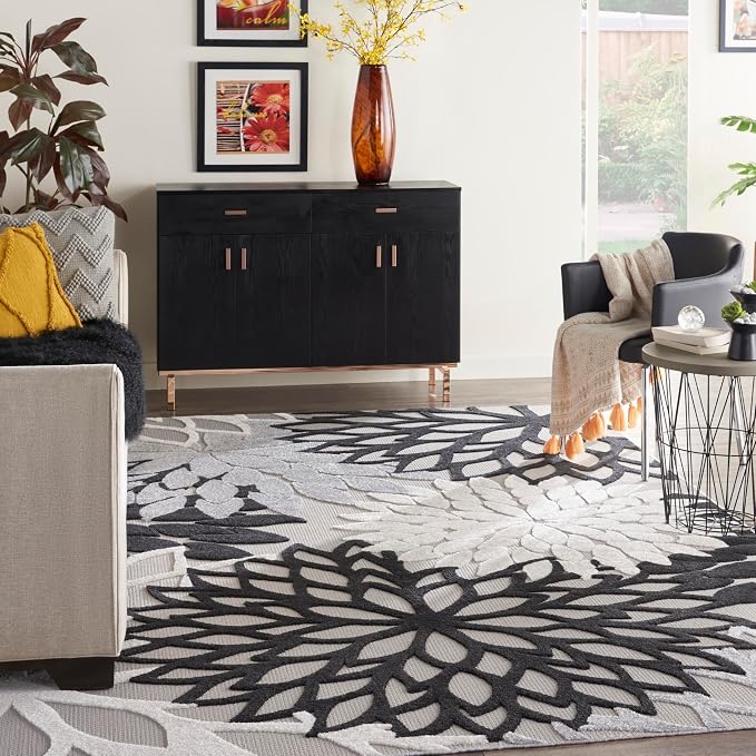 Nourison Home Aloha Indoor/Outdoor Black White 12' x 15' Area Rug, Tropical, Botanical, Easy Cleaning, Non Shedding, Bed Room, Living Room, Dining Room, Deck, Backyard, Patio (12x15)