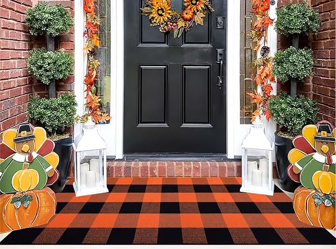 Orange and Black Outdoor Rug 24''x51''Fall Front Porch Rug Cotton Woven Washable Checkered Door Mat Outdoor for Layered Doormat Halloween Kitchen Farmhouse Entryway