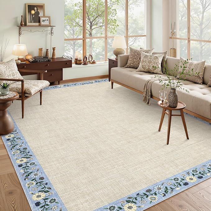 GarveeHome Washable Living Room Rug 9x12 Floral Bordered Area Rugs Soft Thin Indoor Carpet for Bedroom Modern Throw Aesthetic Mat Non Slip Stain Resistant Carpet for Dining Room Office, Beige