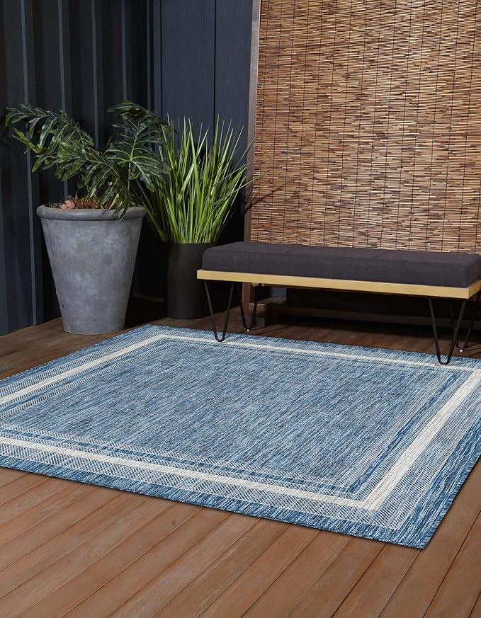 Unique Loom Outdoor Border Collection Area Rug - Soft Border (13' Square, Blue/ Ivory)
